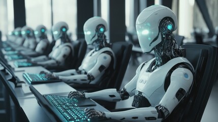 Row of robots typing at desks.