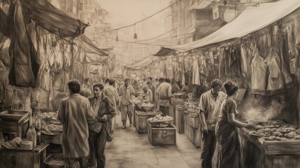 Fototapeta premium A pencil sketch of a busy marketplace.