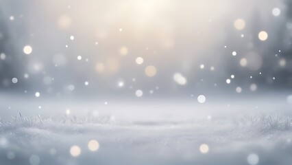serene atmospheric landscape illustration depicting a winter scene with a soft focus on the foreground, which is covered in a blanket of snow and blurry bokeh background