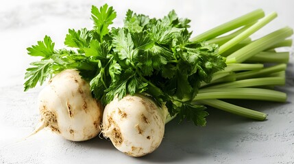 celery root with leaf isolated on white background. Celery isolated on white. 
