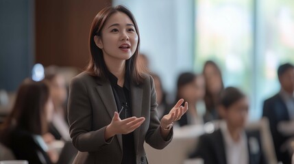Asian business woman speaking at a workshop with colleagues in a conference setting
