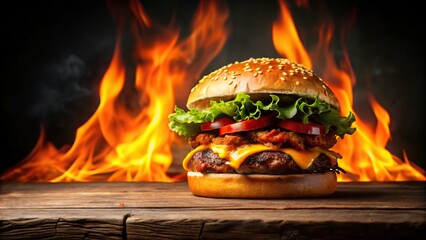 photo of big hamburger on table with fire and dark background