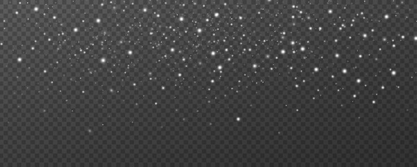 Falling Christmas snow dust isolated on transparent background. Blurred snow particles. Flying glowing white dust. Vector illustration. EPS 10.