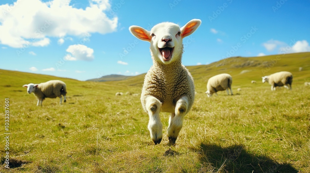 Poster a playful lamb runs towards the camera with its mouth open in a joyful expression, while other sheep