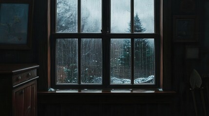 Fototapeta premium A window with raindrops streaming down, reflecting gray clouds and dim light outside