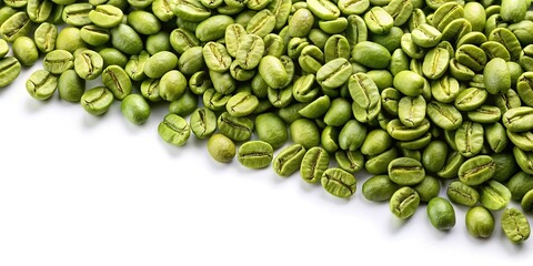 Photo of green coffee beans being processed on a white background with copy space, shot from a high angle