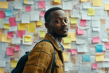 A man stands in front of a wall covered in sticky notes looking thoughtful and ready to tackle a new challenge
