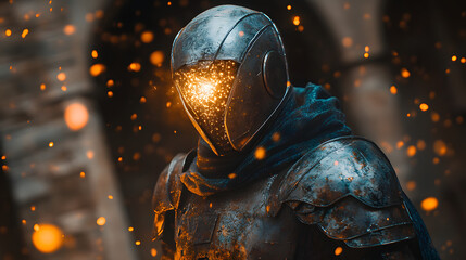 Fototapeta premium The Resplendent Galaxy Knight Enveloped by Cosmic Wonders in the Heart of Ancient Architecture