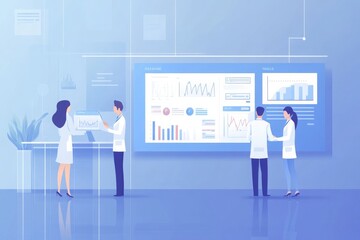 Fototapeta premium A team of scientists analyze data and graphs on a large screen They are working together to find solutions