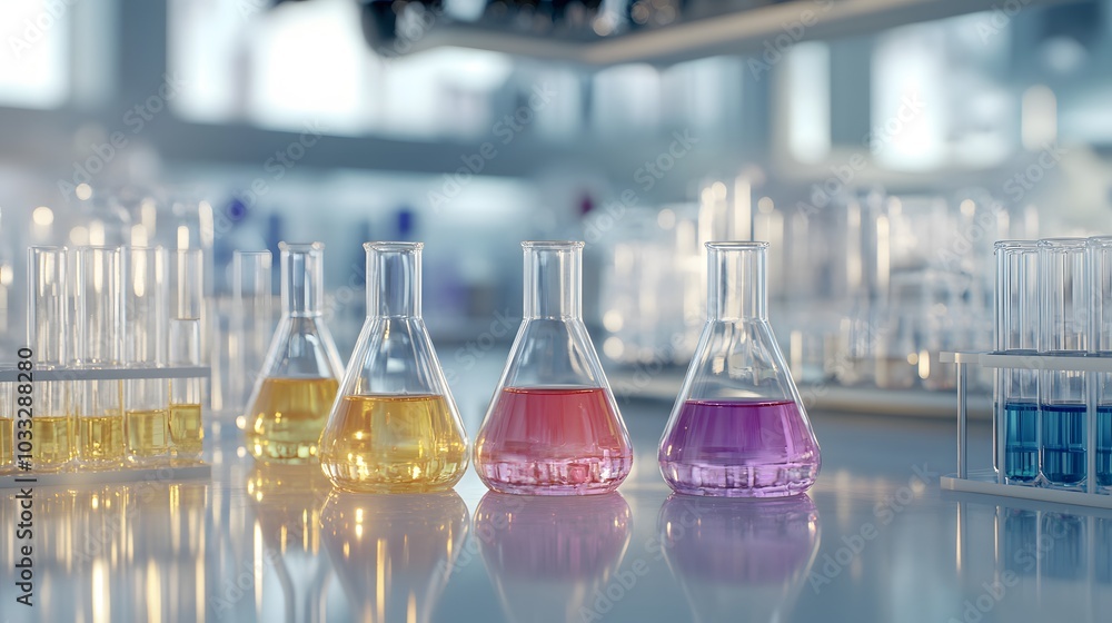 Poster three erlenmeyer flasks with colorful liquids on a lab bench