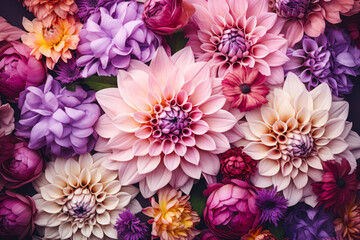 Obraz premium a bouquet of garden flowers, top view. flower postcard with purple dahlias. floral background.