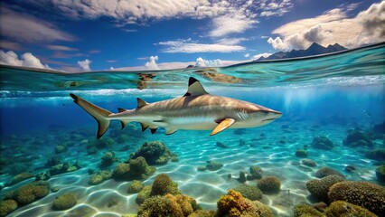 Fototapeta premium Photograph of Blacktip Reef Shark in the crystal clear waters of Moorea, French Polynesia