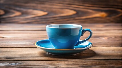 Photograph of blue ceramic coffee cup reflecting on wooden table
