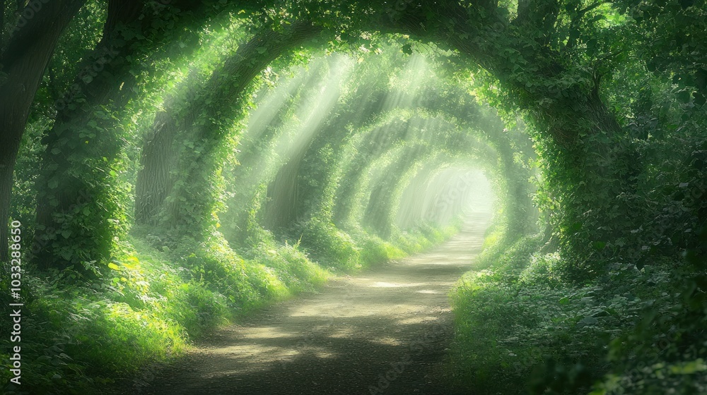 Poster a magical pathway through a forest with sun rays shining through the trees.