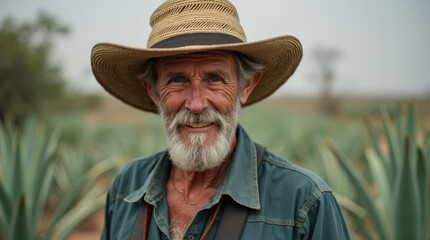 Fototapeta premium Authentic Agave Farming – Farmer Harvesting Agave Plants at Sunrise in Beautiful Landscape for Sustainable Agriculture and Tequila Production