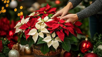 Arranging Red and White Poinsettias for the Holidays