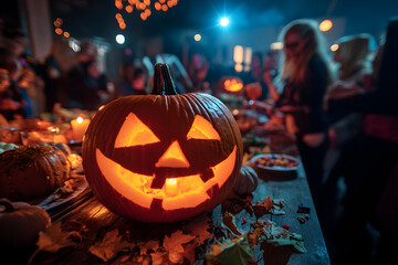 A lively Halloween party featuring guests in creative costumes, surrounded by spooky decorations and carved pumpkins. The scene blends a fun and eerie atmosphere, perfect for capturing the festive spi