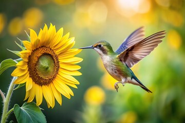 Fototapeta premium Photography of a hummingbird flying to a blooming sunflower Long Shot