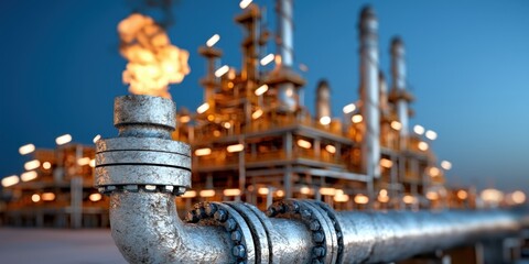 Fototapeta premium Oil Refinery Pipeline and Flare Stack at Dusk