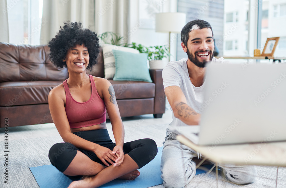 Canvas Prints Laptop, start and yoga with couple in living room of home while happy of exercise or online class together. Computer, smile or streaming with yogi man and woman in apartment for holistic fitness