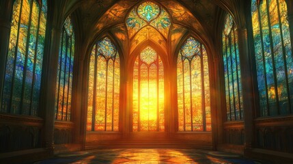 Fototapeta premium Stained glass windows illuminate a cathedral.