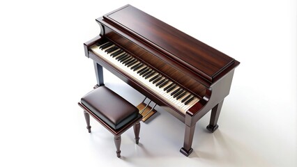 Fototapeta premium Piano and stool isolated on white background, high angle view