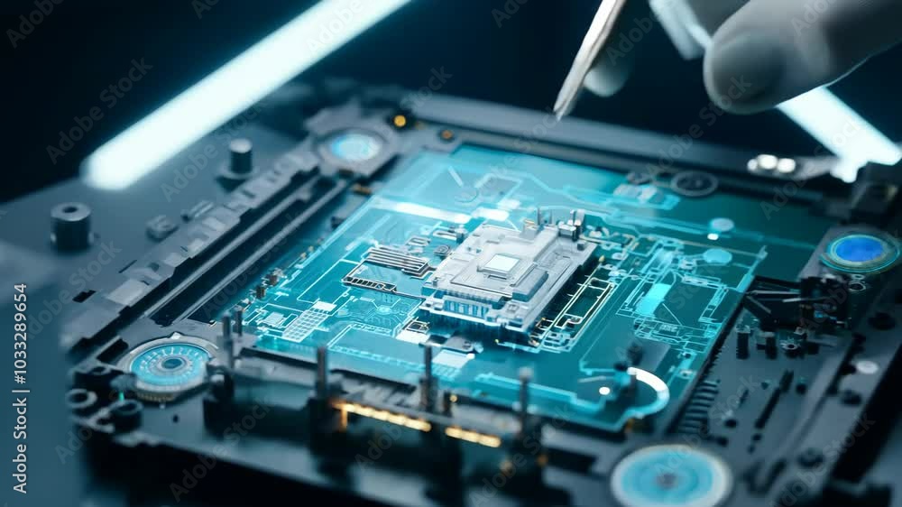 Poster exploring advanced circuit board technology with intricate designs and glowing components