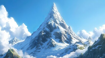 Obraz premium A tall, pointy mountain with snow on top is shown in a clear blue sky. The picture is very detailed.