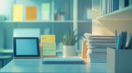 Modern Office Desk with Supplies and Lighting