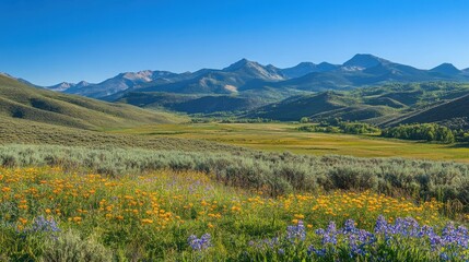 A scenic view of a valley with wildflowers in the foreground and mountains in the background under a clear blue sky.