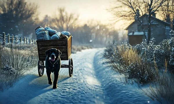 A dog pulls a cart through a snowy landscape, creating a serene winter scene.