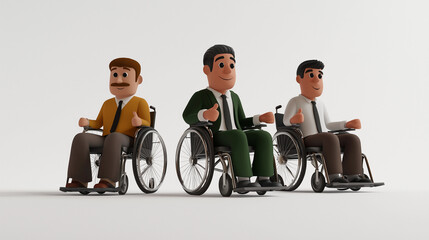 3D illustration of confident lawyers in wheelchairs, dressed in suits with elongated bodies and minimalistic faces, set against a white background. The lawyers sit sideways, gesturing with thumbs