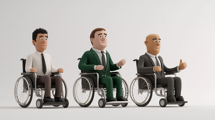 3D illustration of confident lawyers in wheelchairs, dressed in suits with elongated bodies and minimalistic faces, set against a white background. The lawyers sit sideways, gesturing with thumbs