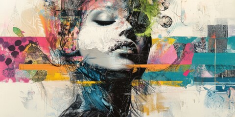 Abstract portrait with colorful paint strokes.