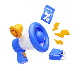 Megaphone speaker with Coupon icon for sales and shopping online 3d illustration background