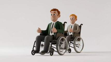 3D illustration of confident lawyers in wheelchairs, dressed in suits with elongated bodies and minimalistic faces, set against a white background. The lawyers sit sideways, gesturing with thumbs