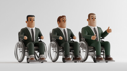 3D illustration of confident lawyers in wheelchairs, dressed in suits with elongated bodies and minimalistic faces, set against a white background. The lawyers sit sideways, gesturing with thumbs
