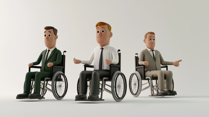 3D illustration of confident lawyers in wheelchairs, dressed in suits with elongated bodies and minimalistic faces, set against a white background. The lawyers sit sideways, gesturing with thumbs