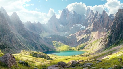 A Mountain Lake Surrounded by Majestic Peaks under a Bright Sky