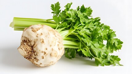 celery root with leaf isolated on white background. Celery isolated on white. 