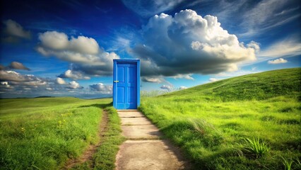 Blue wooden door on path with green grass hill cloudy sky background