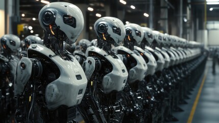 Fototapeta premium A line of white robots standing in a factory.