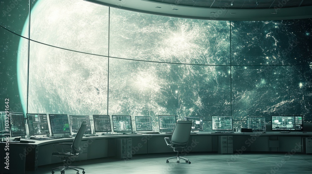 Poster Futuristic Control Room with Large Window View of a Planet and Stars