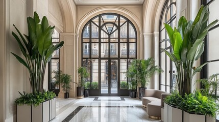 Elegant Lobby with Arched Window and Lush Greenery