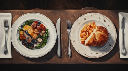 Two place settings with salad, bread, and fruit.