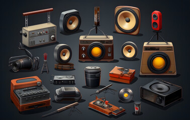 Naklejka premium A collection of vintage audio and music icons featuring a mixer, speakers, cassette player, and retro technology elements in black 