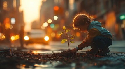 Fototapeta premium Child plants a sapling in the city.