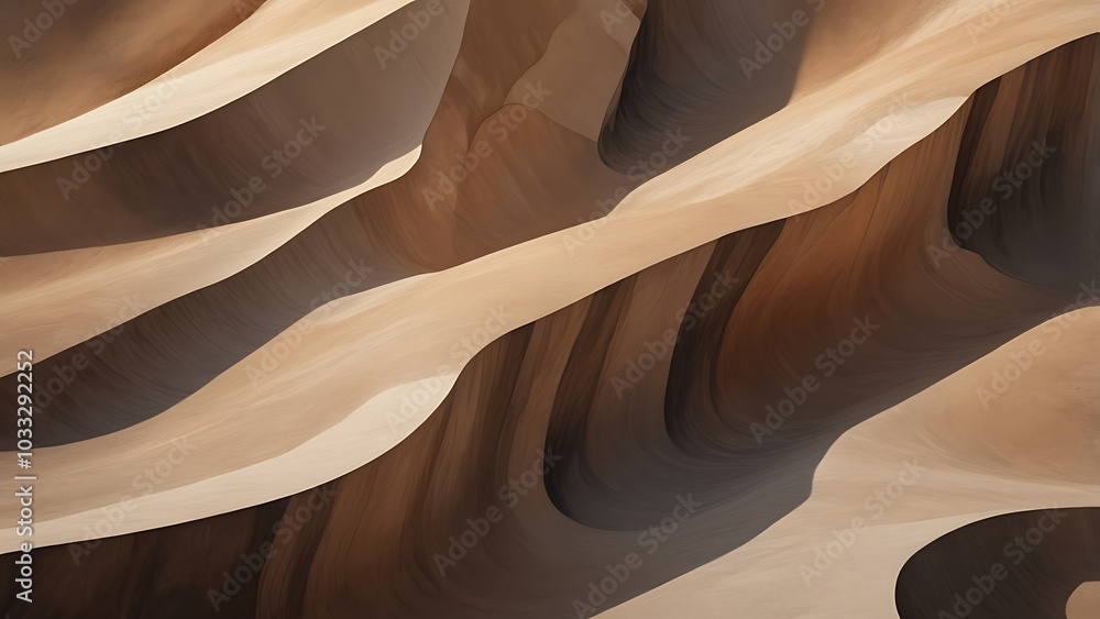 Poster abstract digital artwork featuring a series of undulating, wavy patterns resembling sand dunes or la