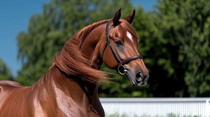 Naklejka premium Majestic Chestnut Arabian Stallion Portrait in Meadow