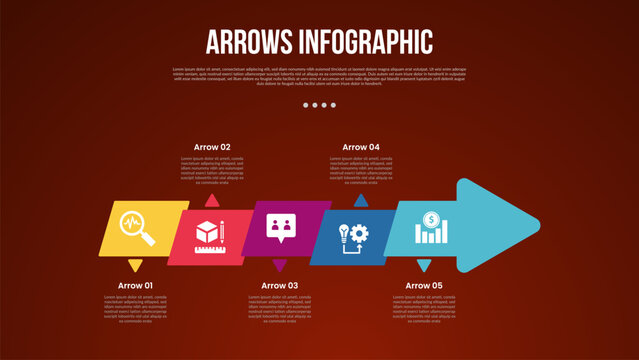 arrows template infographic with skew square up and down on arrow shape right direction with 5 point with dark style for slide presentation